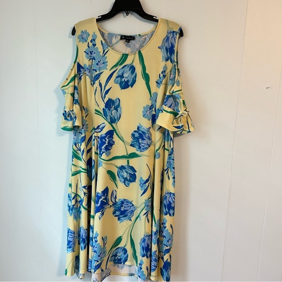 Women’s size 1X N Touch Floral Yellow and Blue Women's Dress. Cold shoulder. - Picture 2 of 9